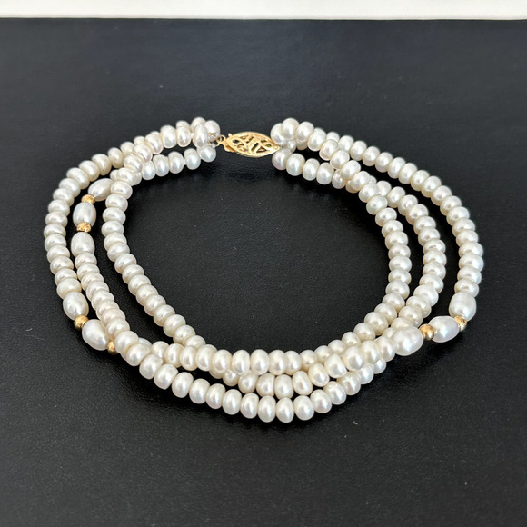 14K Yellow Gold Genuine Real Cream Pearl Triple Strand Bracelet - Picture 3 of 12